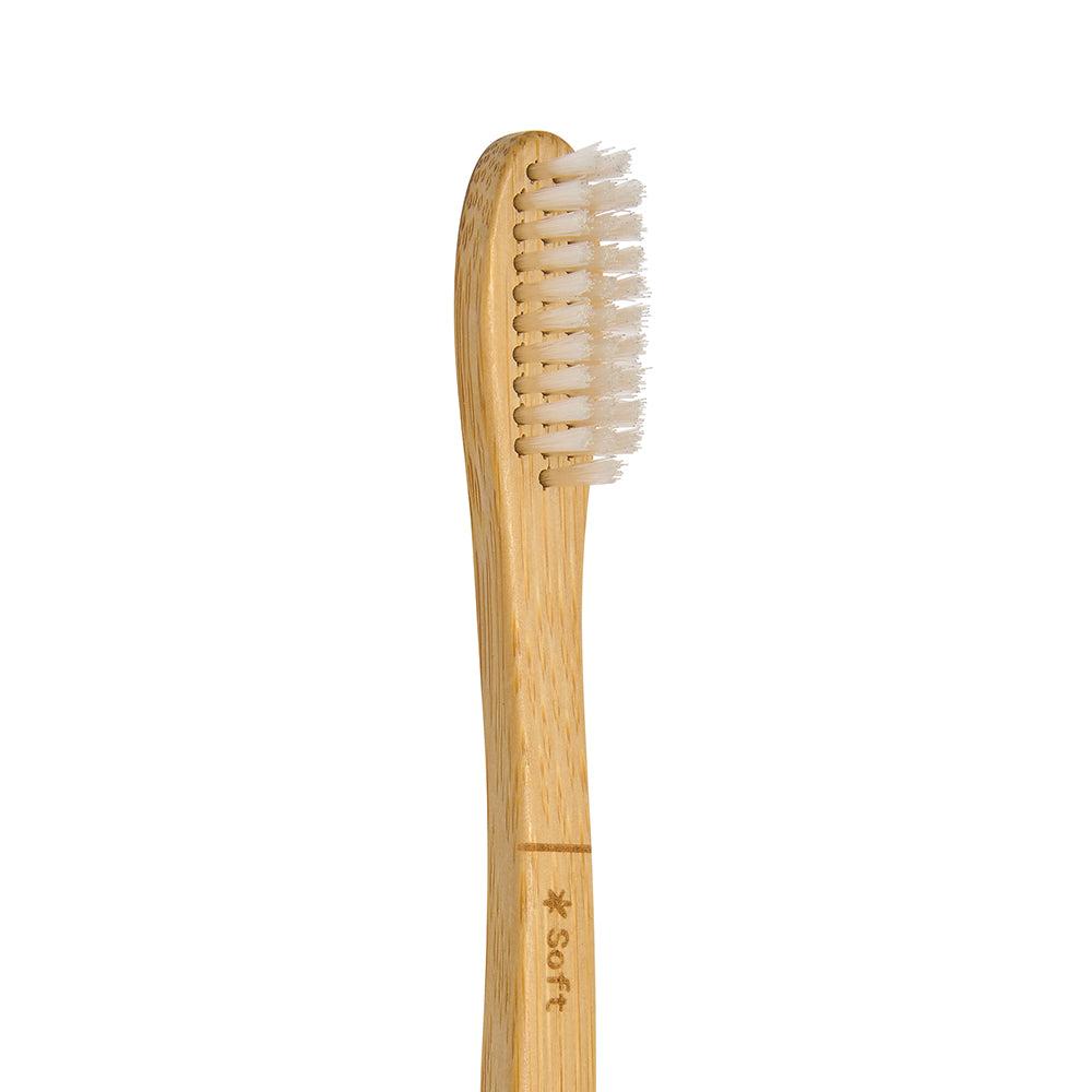 Eco biobased bamboo toothbrush with BPA-free nylon bristles in soft, medium, firm, and kids' options