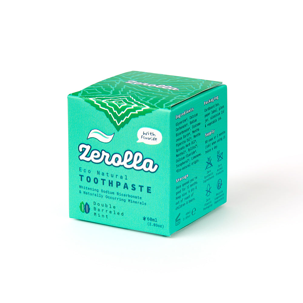Eco Natural Toothpaste with whitening sodium bicarbonate, diatomaceous earth, and organic oils in zero-waste packaging