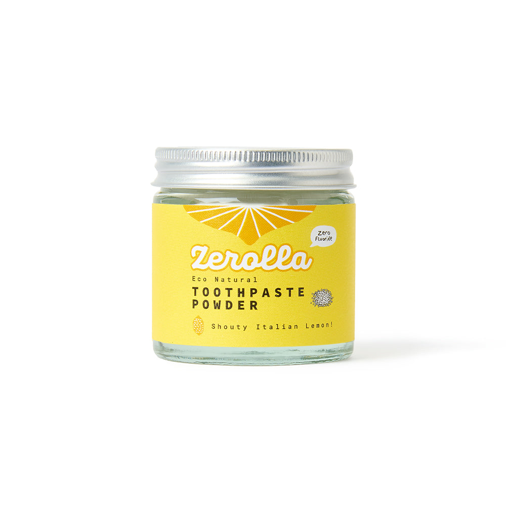 Eco Natural Toothpaste Powder in a glass jar, whitening and mineral-rich natural toothpaste for healthy teeth and gums