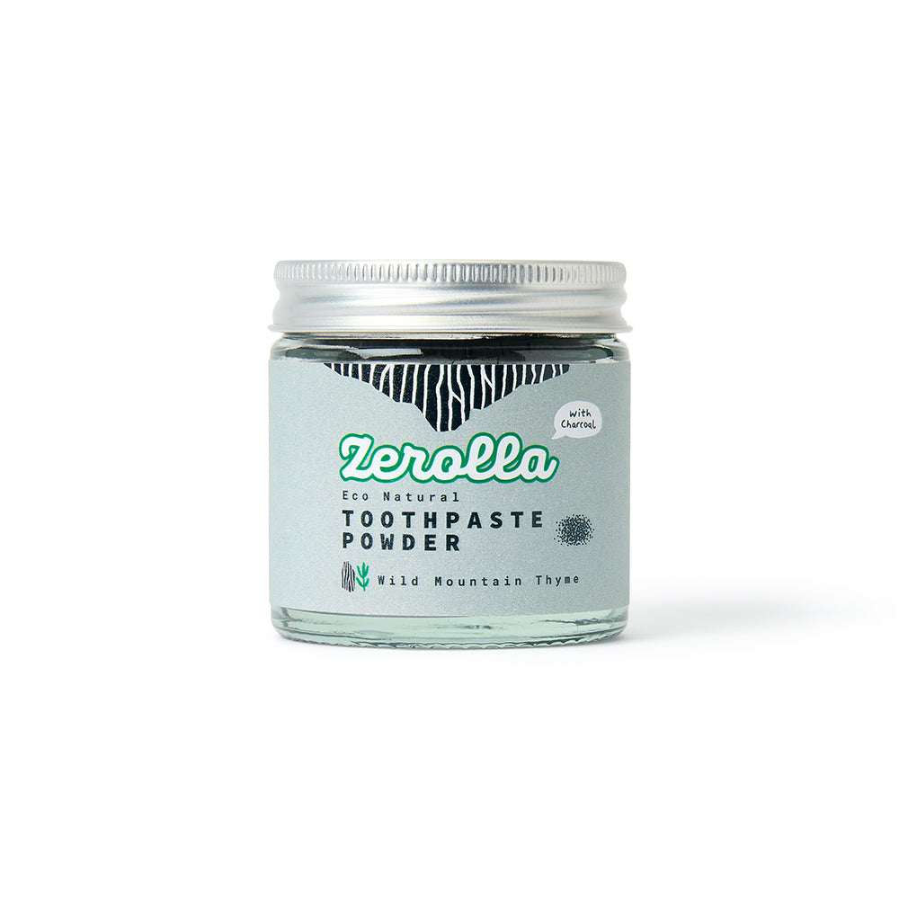 Eco Natural Toothpaste Powder in a jar with wooden spoon, natural toothpaste powder for whitening and plaque removal