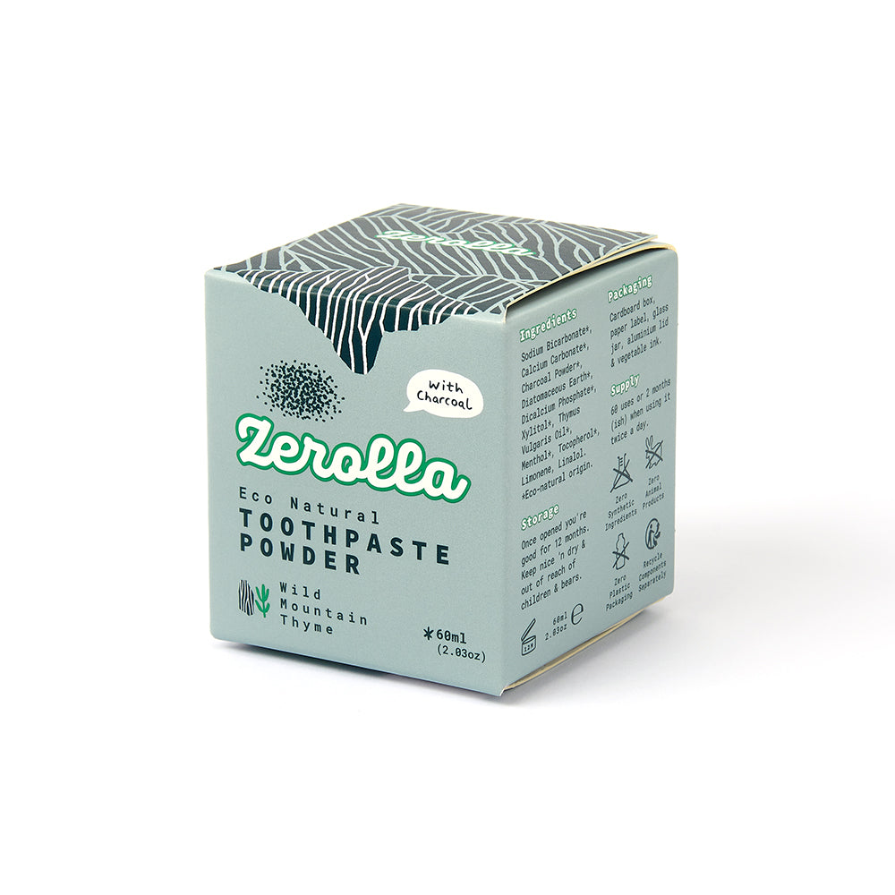 Eco Natural Toothpaste Powder in jar with wooden scoop, natural whitening and mineral-rich blend